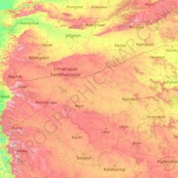Mapa topográfico Maharashtra, altitud, relieve