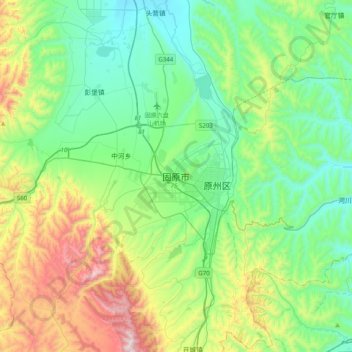 Mapa topográfico Guyuan, altitud, relieve