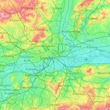Mapa topográfico City of London, altitud, relieve
