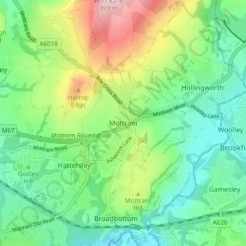 Mapa topográfico Mottram, altitud, relieve