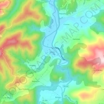Mapa topográfico Trevías, altitud, relieve