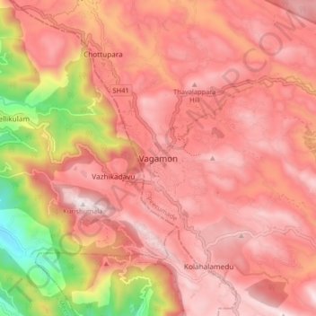 Mapa topográfico Vagamon, altitud, relieve
