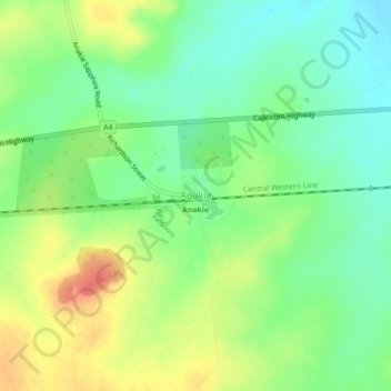 Mapa topográfico Anakie, altitud, relieve
