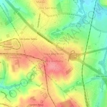 Mapa topográfico Nova Aparecida, altitud, relieve