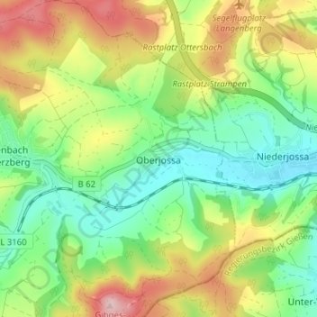 Mapa topográfico Oberjossa, altitud, relieve