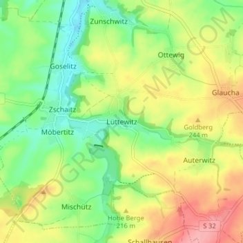 Mapa topográfico Lüttewitz, altitud, relieve