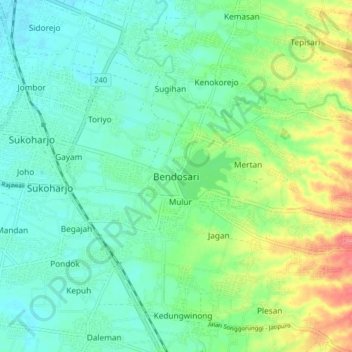 Mapa topográfico Bendosari, altitud, relieve