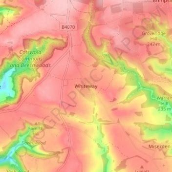 Mapa topográfico Whiteway, altitud, relieve