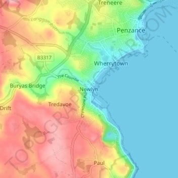 Mapa topográfico Newlyn, altitud, relieve