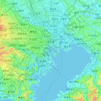 Mapa topográfico Odaiba, altitud, relieve