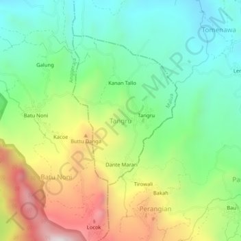 Mapa topográfico Tangru, altitud, relieve