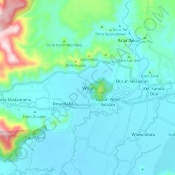 Mapa topográfico Woja, altitud, relieve