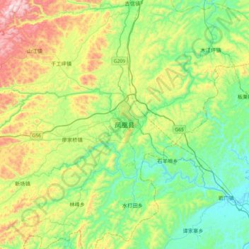 Mapa topográfico Fenghuang, altitud, relieve