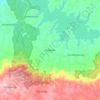Mapa topográfico Kalipare, altitud, relieve