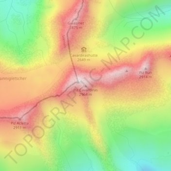 Mapa topográfico Piz Cavardiras, altitud, relieve