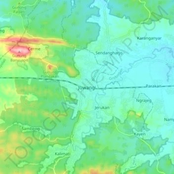 Mapa topográfico Juwangi, altitud, relieve