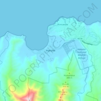 Mapa topográfico Hanalei, altitud, relieve