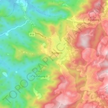 Mapa topográfico Fontem, altitud, relieve