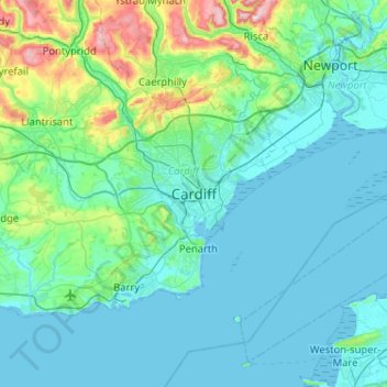Mapa topográfico Cardiff, altitud, relieve