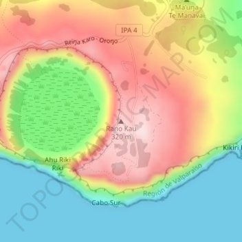 Mapa topográfico Rano Kau, altitud, relieve