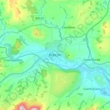 Mapa topográfico Brecon, altitud, relieve