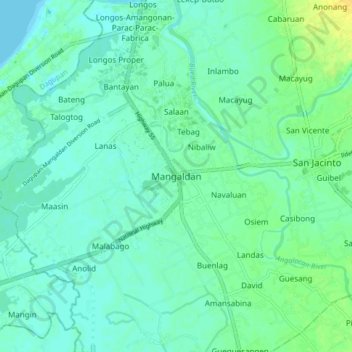 Mapa topográfico Mangaldan, altitud, relieve