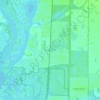 Mapa topográfico Morgantown, altitud, relieve