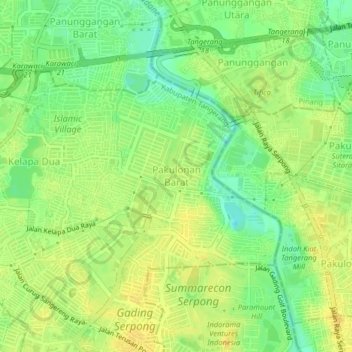 Mapa topográfico Pakulonan Barat, altitud, relieve