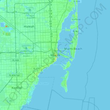 Mapa topográfico Miami, altitud, relieve