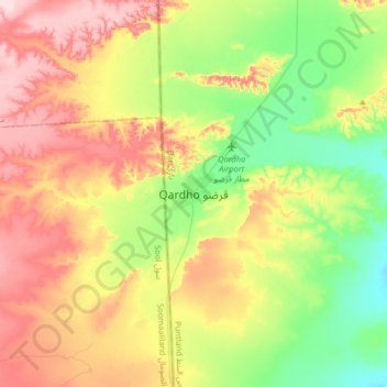 Mapa topográfico Qardho, altitud, relieve