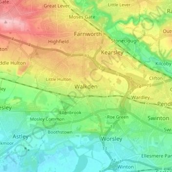 Mapa topográfico Walkden, altitud, relieve