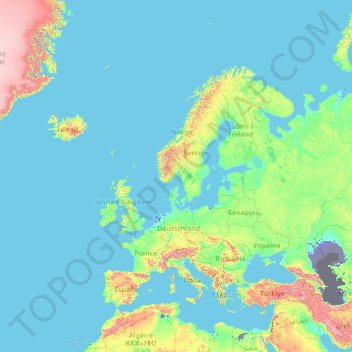 Mapa topográfico Europa, altitud, relieve