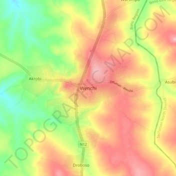 Mapa topográfico Wenchi, altitud, relieve