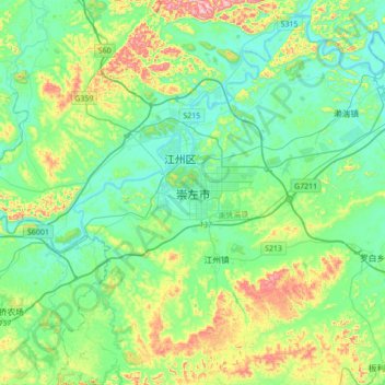 Mapa topográfico 崇左市, altitud, relieve