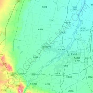 Mapa topográfico 青铜峡市, altitud, relieve