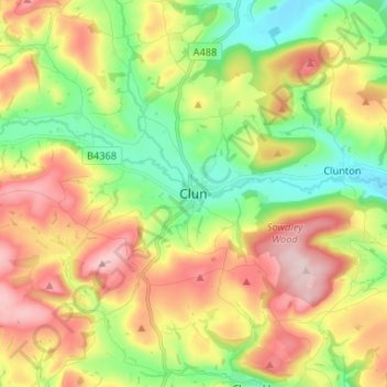 Mapa topográfico Clun, altitud, relieve