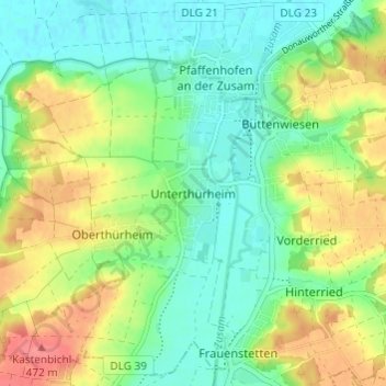 Mapa topográfico Unterthürheim, altitud, relieve