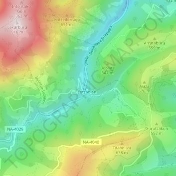 Mapa topográfico Kantina, altitud, relieve