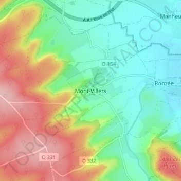 Mapa topográfico Mont-Villers, altitud, relieve