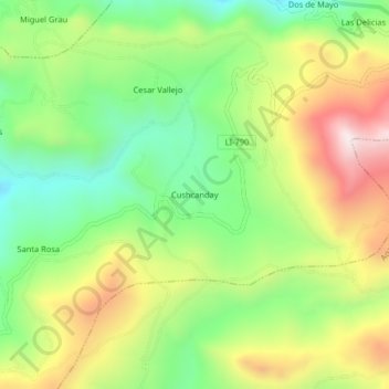 Mapa topográfico Cushcanday, altitud, relieve