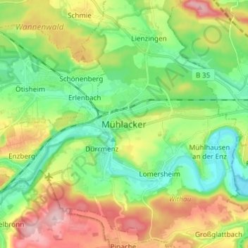 Mapa topográfico Mühlacker, altitud, relieve