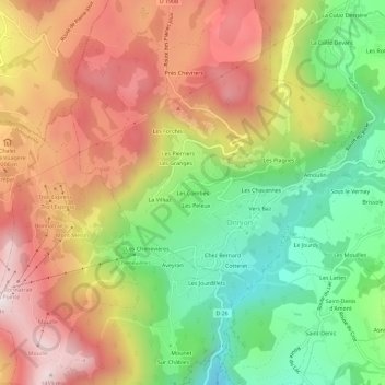 Mapa topográfico Les Combes, altitud, relieve