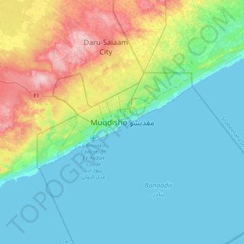 Mapa topográfico Mogadiscio, altitud, relieve