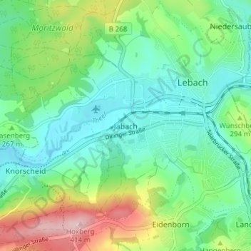 Mapa topográfico Jabach, altitud, relieve