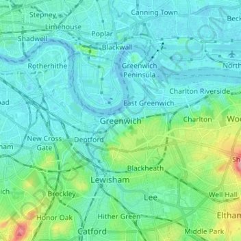 Mapa topográfico Greenwich, altitud, relieve