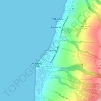 Mapa topográfico Honokowai, altitud, relieve