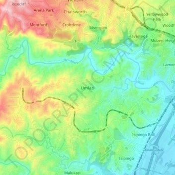Mapa topográfico Umlazi, altitud, relieve