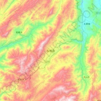 Mapa topográfico Yongde, altitud, relieve