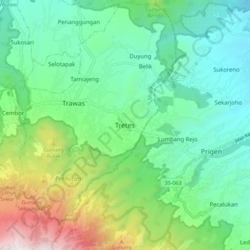 Mapa topográfico Tretes, altitud, relieve