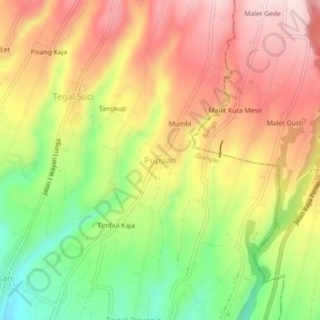 Mapa topográfico Pupuan, altitud, relieve
